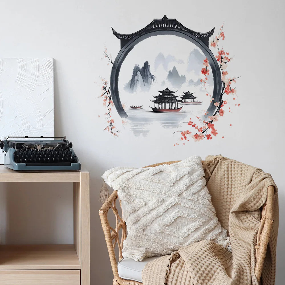 autocollant mural paysage chinois traditionnel montagnes lac pagodes fleurs cerisier noir gris rose blanc