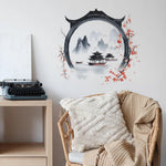 autocollant mural paysage chinois traditionnel montagnes lac pagodes fleurs cerisier noir gris rose blanc