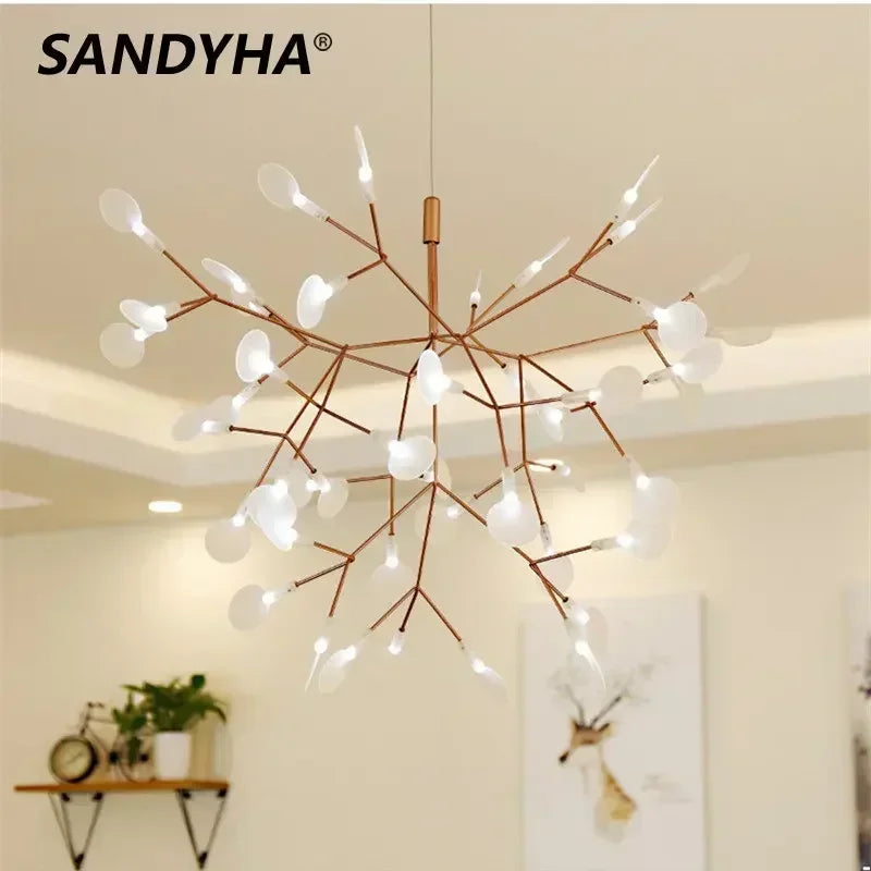 suspension lumineuse moderne branchée feuilles translucides lumière led blanc doré