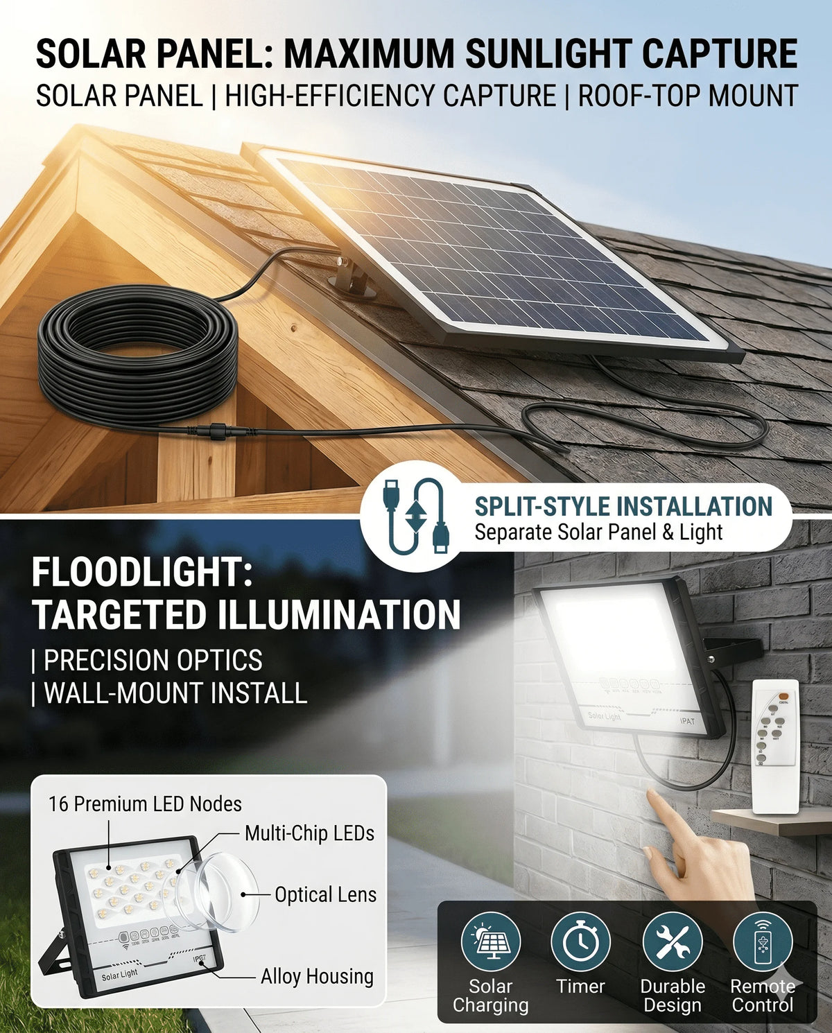 lumière solaire led moderne ip67 noir blanc panneau solaire télécommande capteur mouvement