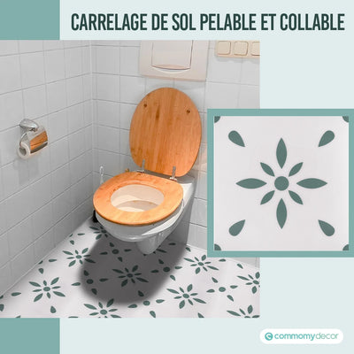 Autocollant carrelage sol motif fleurs vert-blanc