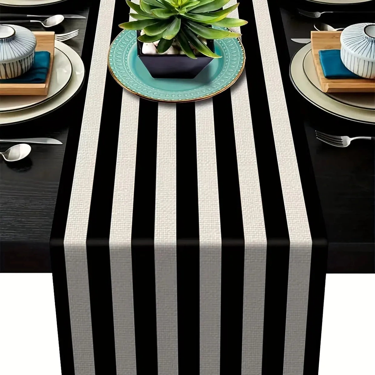 nappe table lin noir blanc carreaux géométriques moderne décoration maison simple vertical textiles