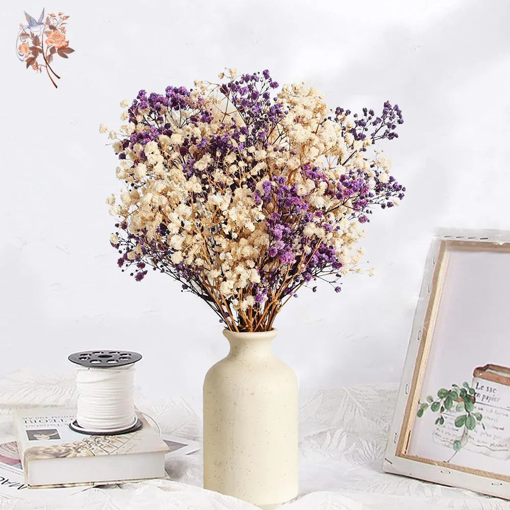 bouquet fleurs séchées violet blanches décoration boho fluffy maison anniversaire mariage