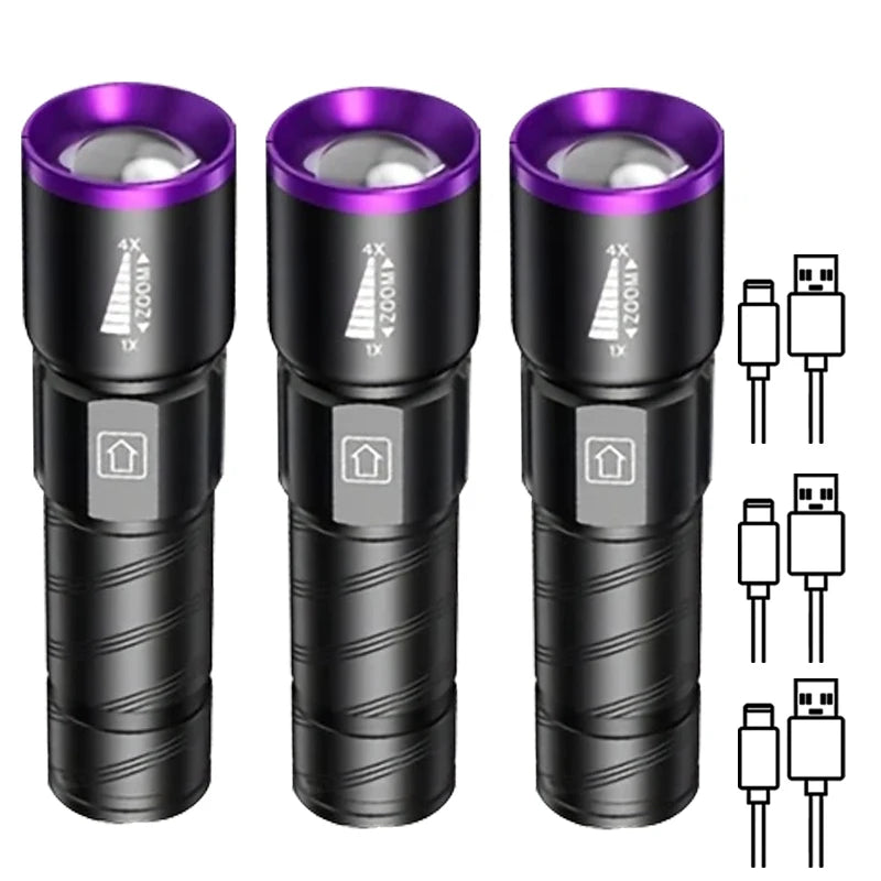lampe torche uv led 395 365nm zoomable mini ultraviolet moderne noire violette