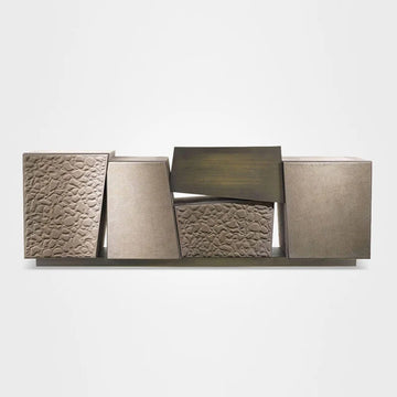 meuble rangement moderne gris beige texture rugueuse armoire salon miroir boule décorative