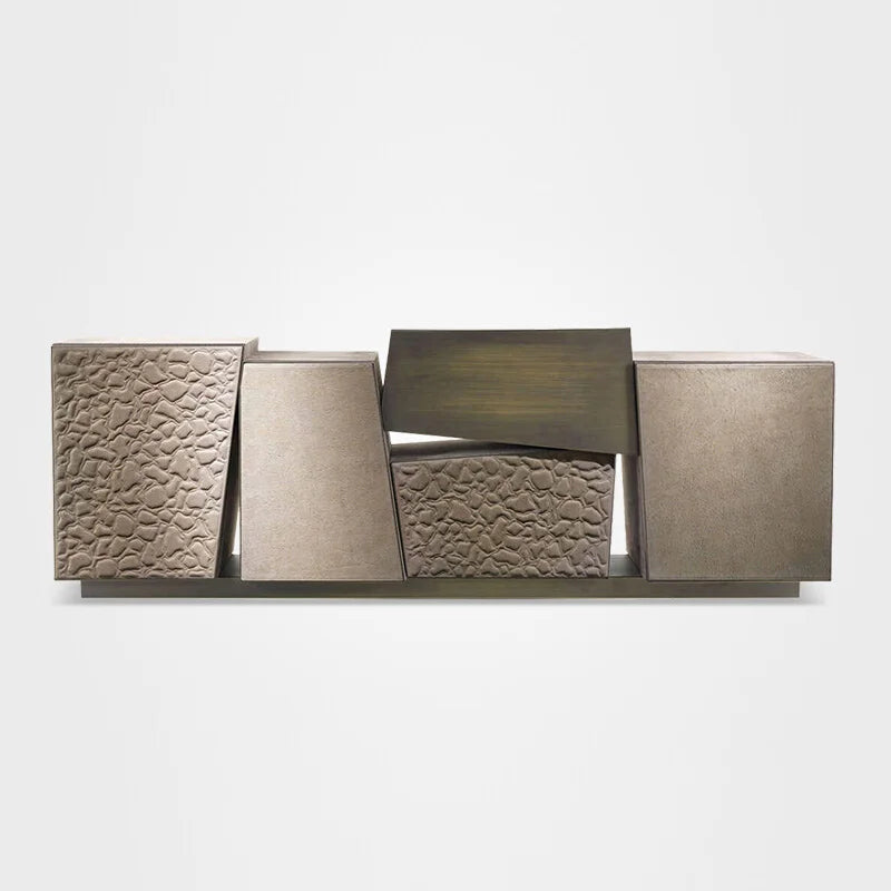 meuble rangement moderne gris beige texture rugueuse armoire salon miroir boule décorative