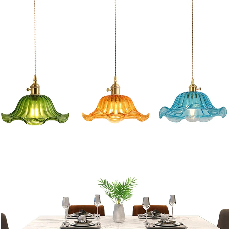 suspension lumineuse vintage transparente motifs floraux vert orange bleu