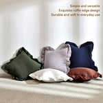 housses coussin coton couleur blanc vert bleu violet marron bords froncés texture tissu decoratif