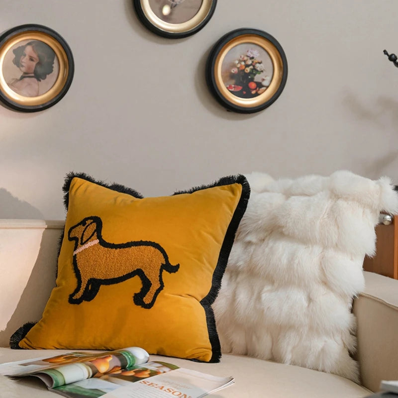 taies d'oreiller brodées chat yeux velours jaune noir modernes décoratives lit voiture 45x45