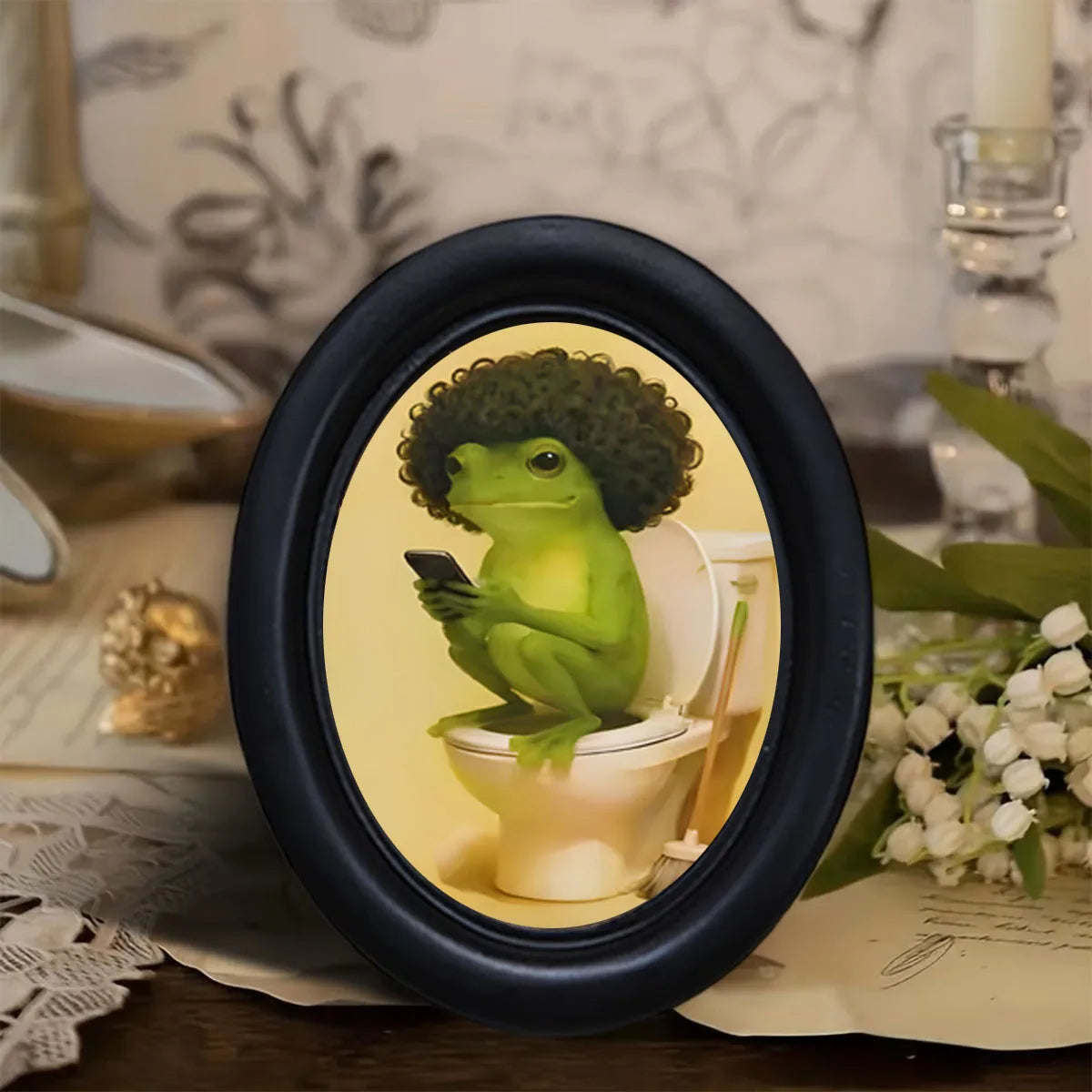 décoration murale cadre grenouille afro téléphone salle bain moderne adhésif bois noir