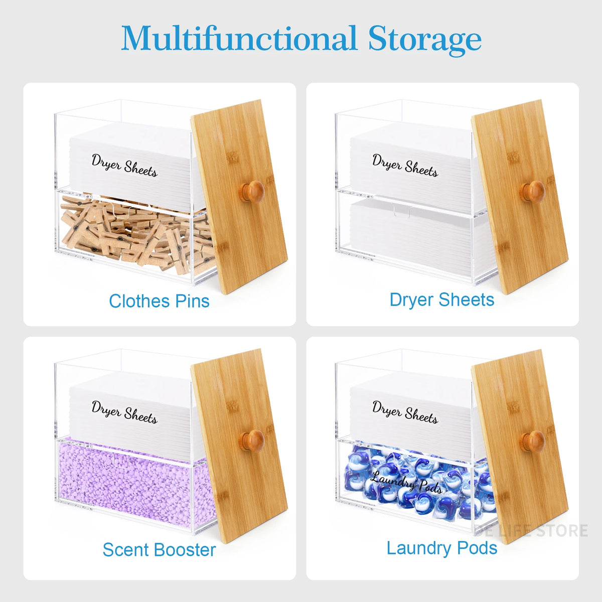 boîte rangement transparente multifonctionnelle bois naturel étiquettes imperméables lessive lingettes repassage Pods pins booster