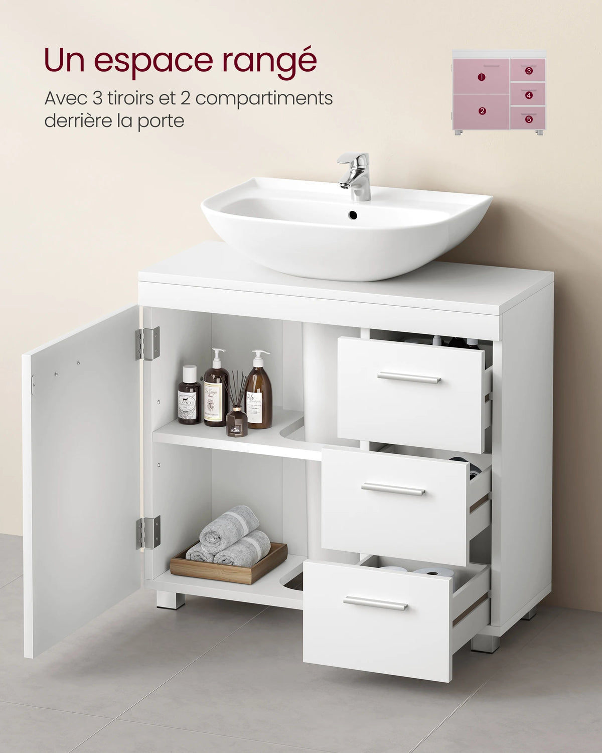 Vue des tiroirs latéraux du meuble sous lavabo