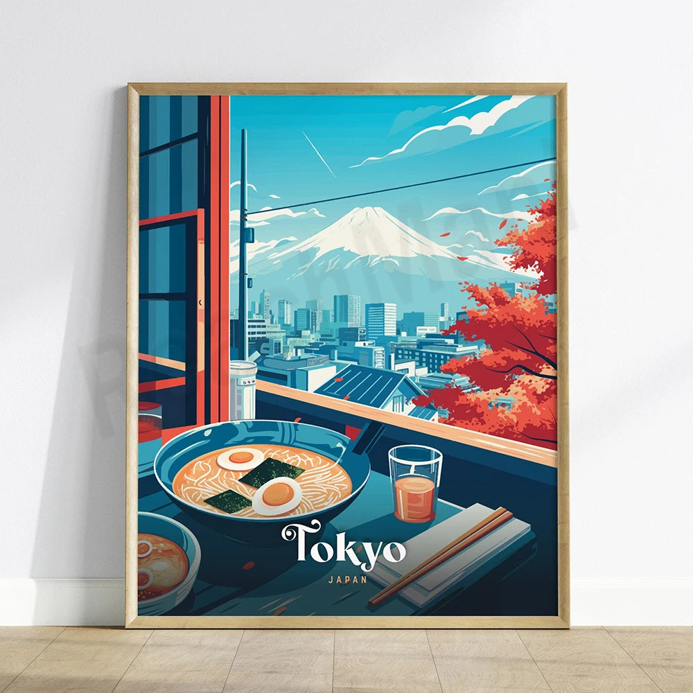Un paysage idyllique de Tokyo avec le mont Fuji en arrière-plan, un bol de ramen succulents au premier plan, le tout encapsulé dans un style artistique moderne et vibrant.
