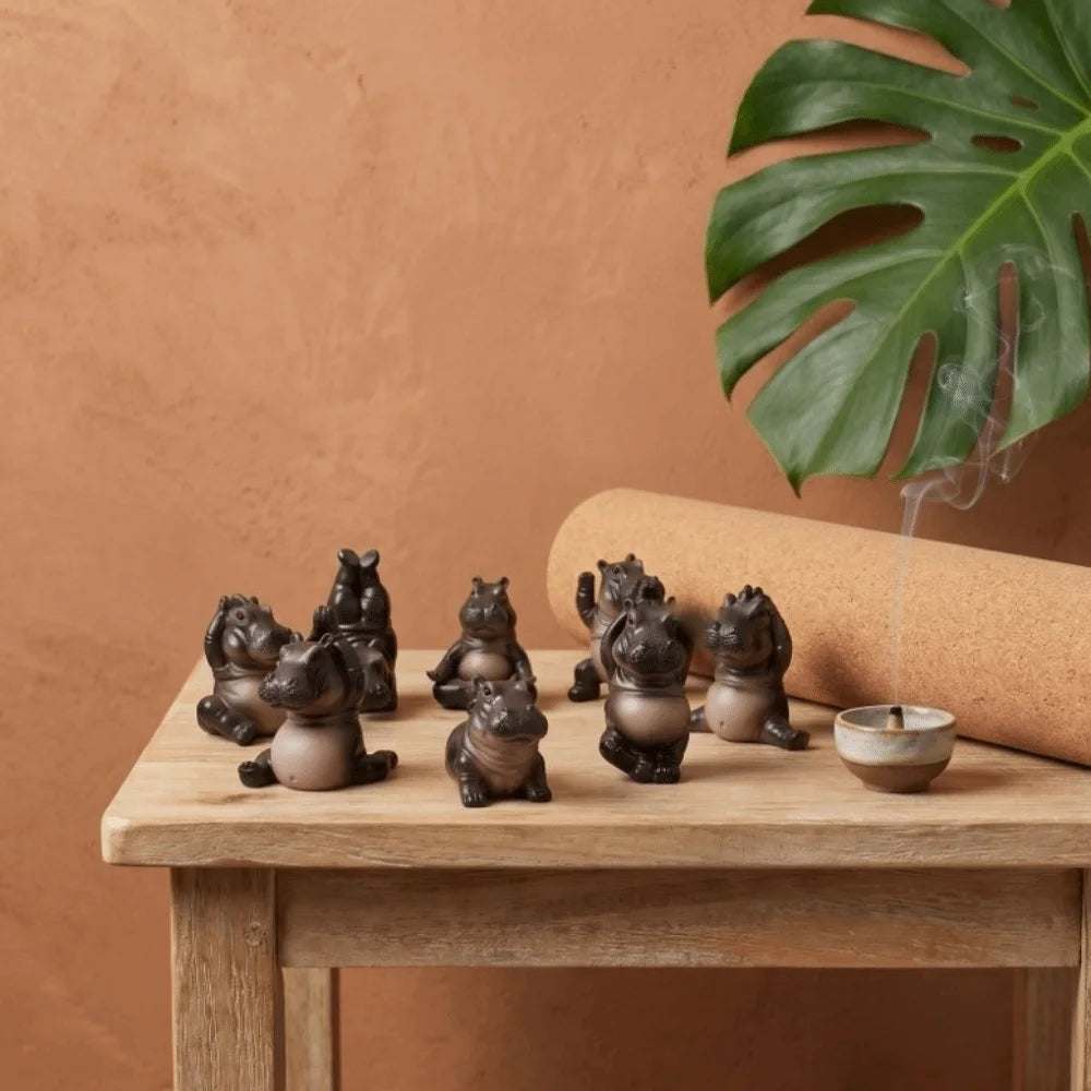 statuette hippopotame résine noir marron pose yoga méditation moderne minimaliste