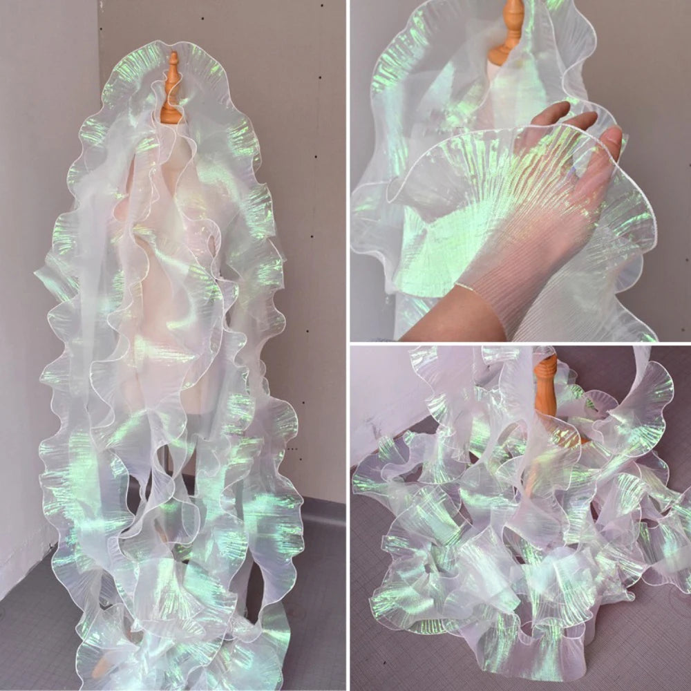 écharpe polyester coton largeur 13cm dentelle rayures fines effet irisé moderne élégante translucide blanc