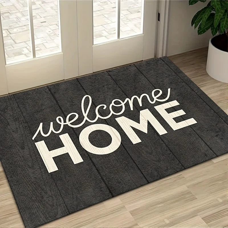 tapis d'entrée moderne gris welcome antidérapant polyester lettres blanches bordure blanche texture bois minimalisteextérieuradultes