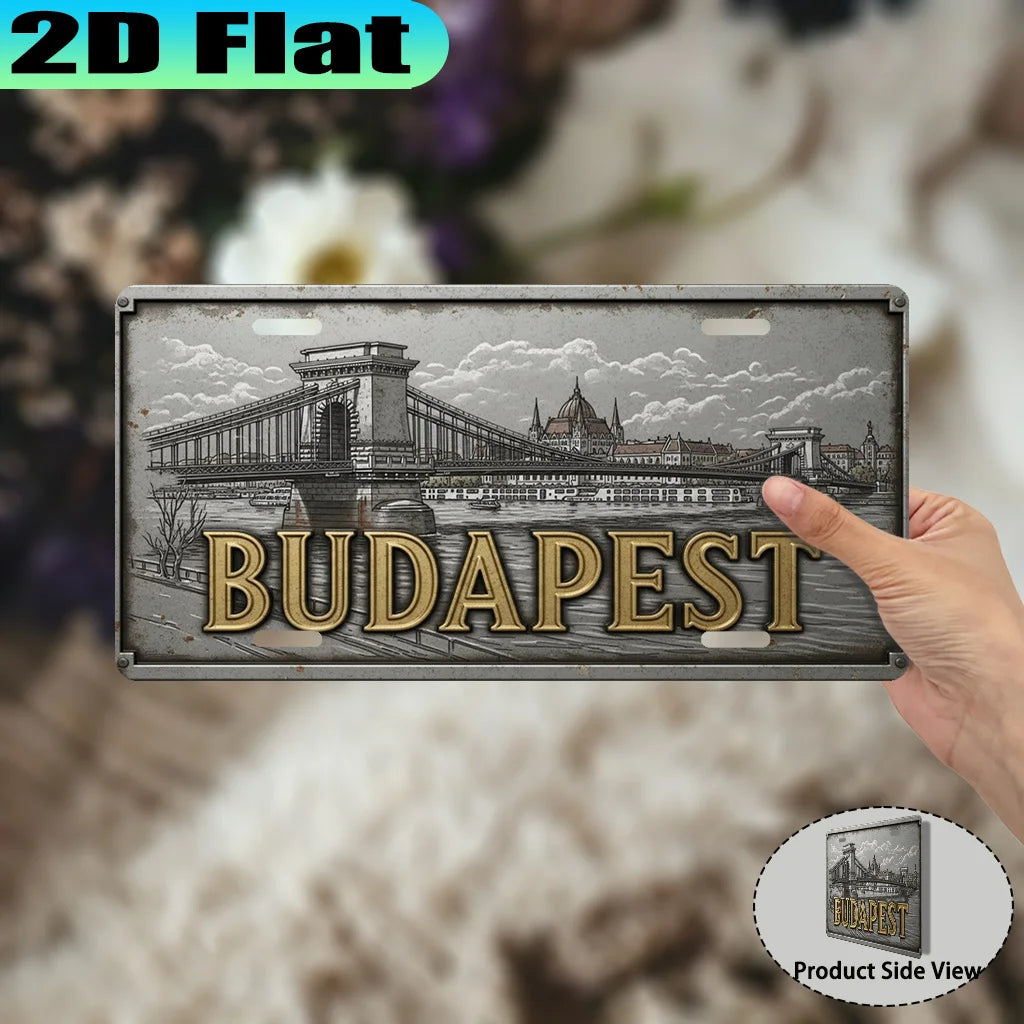 plaque decorative pont parlement budapest vintage gris doré illustration urbaine mettalique