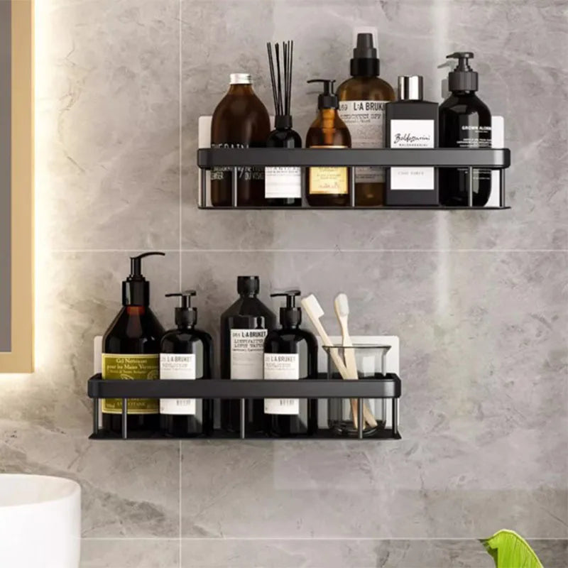 étagères salle bain noires modernes fixées mur alliage d'aluminium visibles