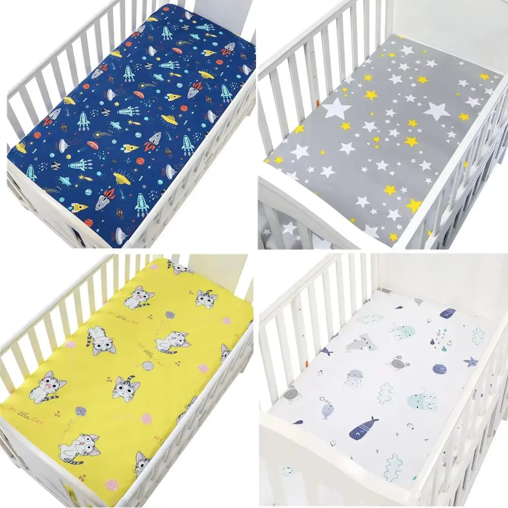 draps housses coton bébé enfant dessins animés fusées étoiles animaux triangles 130x70cm