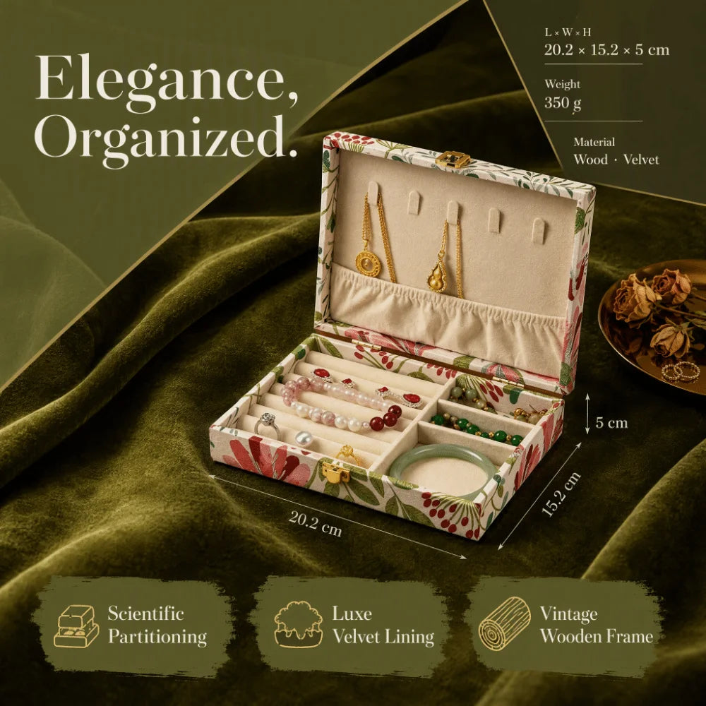 boîte bijoux classique vintage compartiments fleurs velours intérieur vert beige rouge