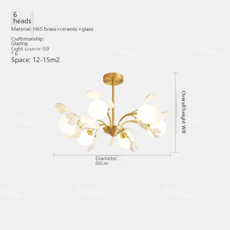 lampe suspendue contemporaine or blanc fleurs opalescente 10 têtes chaîne neutre