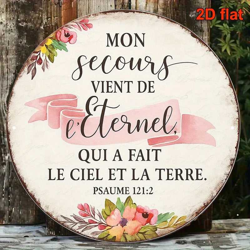décoration murale vintage plaque circulaire motifs fleurs textes blanc rose
