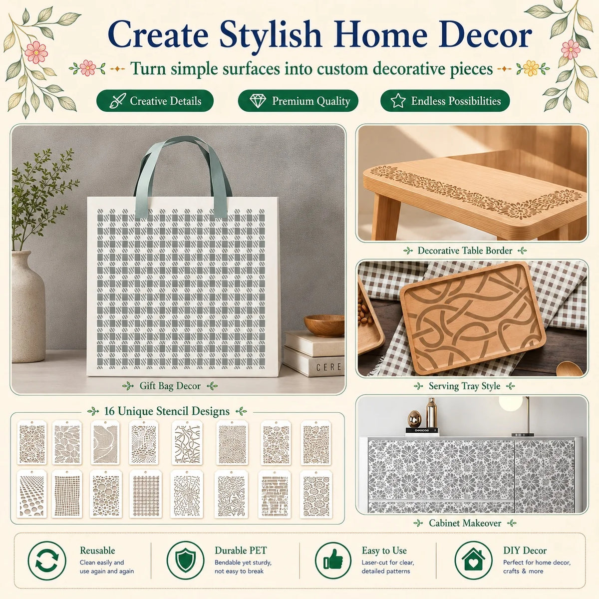 gabarits texture moderne blancs divers motifs floraux géométriques adhésifs décoration intérieure bricolage