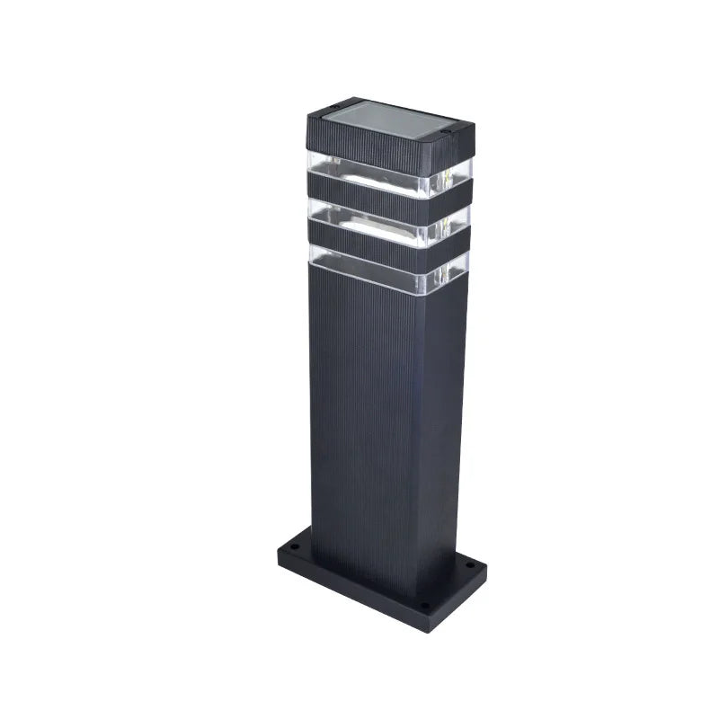 lampadaire moderne solaire extérieur panneau transparent minimaliste aspect boisé fixations sol lumière led aluminium