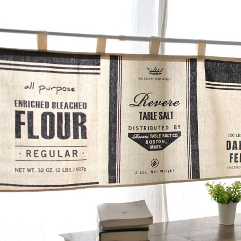 rideau vintage graphique étiquettes anciennes tissu granuleux crème noir suspension tringle métallique