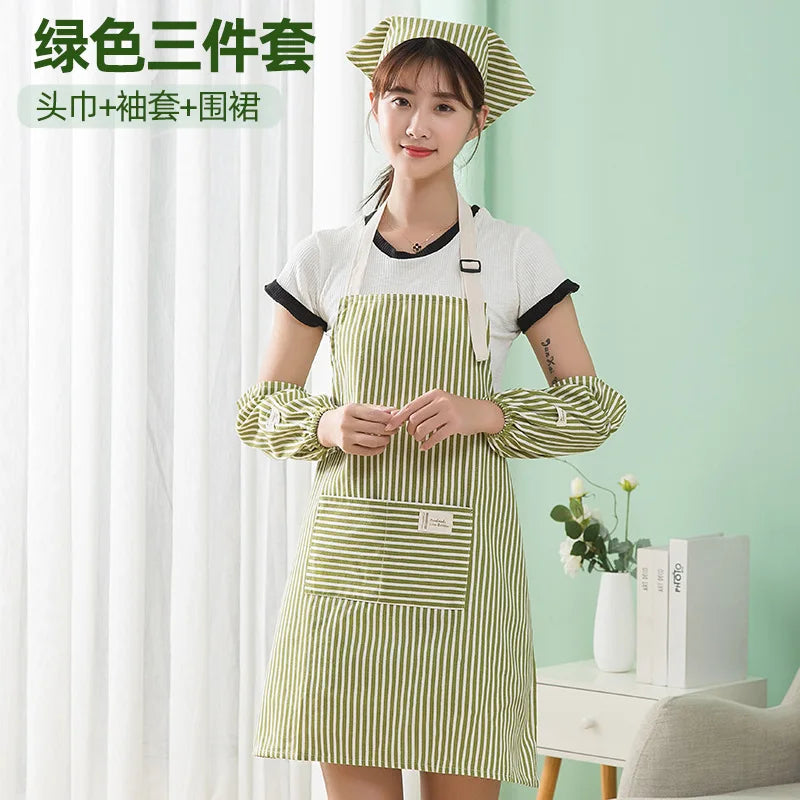 tablier rayé coton lin écharpe tête manches poche avant élastique couleur vert rouge marron