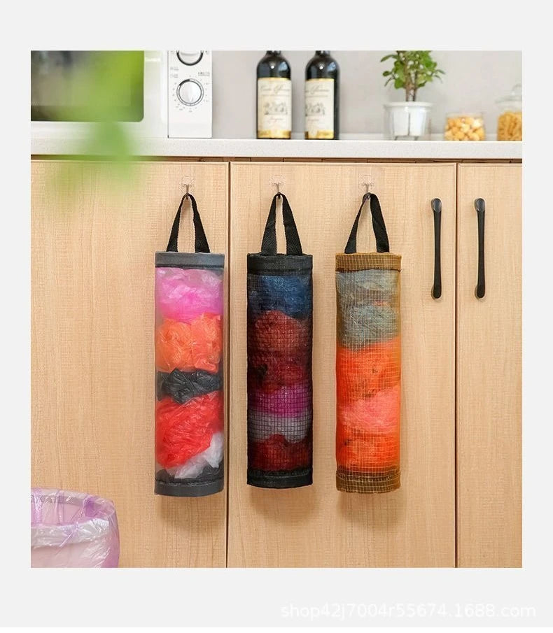sacs rangement réutilisables polyester maille grossière accroche mur porte noir gris jaune semi transparent
