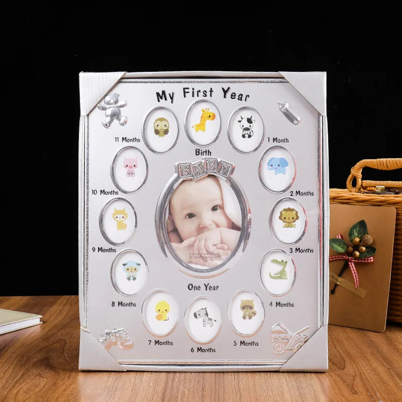 cadre photo murale transparent thème bébé rose blanc bleu animaux mois naissance première année