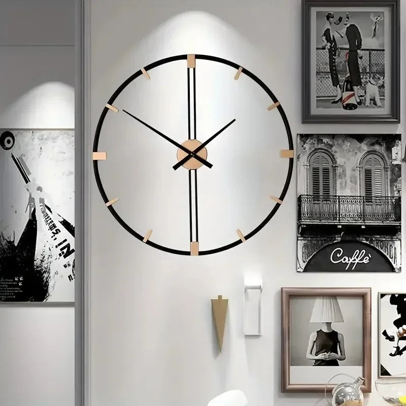 horloge murale moderne 60cm cadre noir transparent aiguilles numéros dorés quartz métal