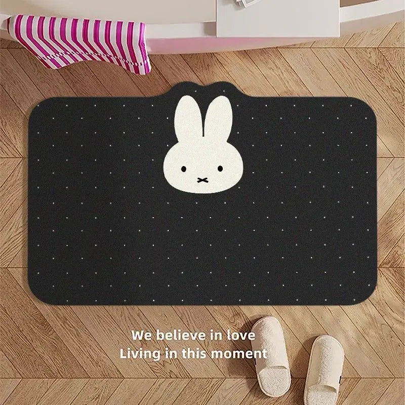 tapis sol absorbant rapide anti dérapant salle bain blanc noir points noirs visage lapin
