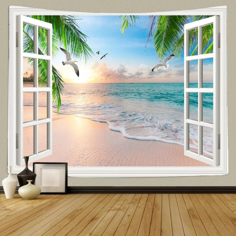 poster mural paysage marin plage palmiers couchersoleil adhésif lavablepolyester blanc vert bleu beige doré