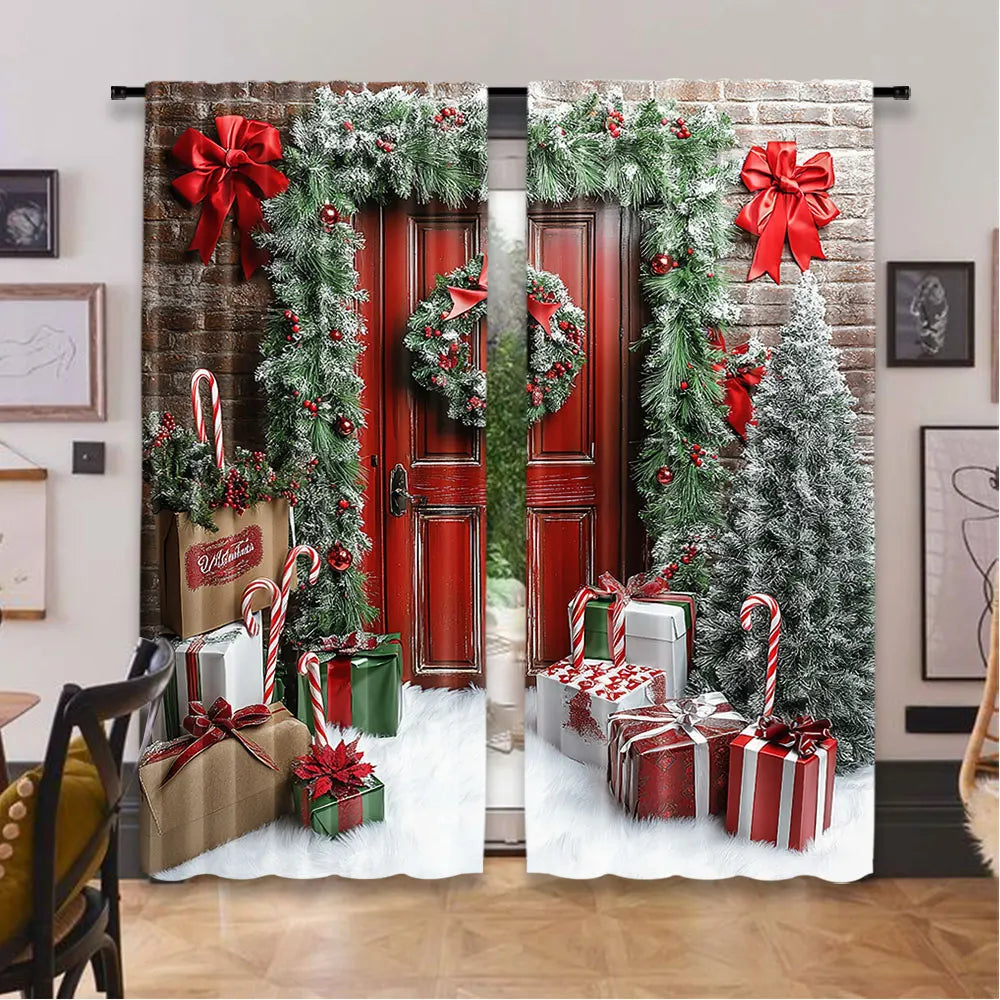 rideau noël décoration rouge vert blanc motifs porte guirlandes boules sapin festive opaques