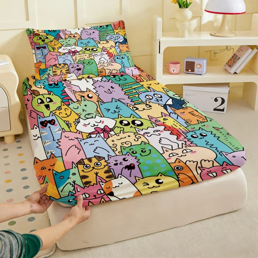 drap housse multicolore imprimé chats expressifs moderne coton polyester simple double queen king chambre