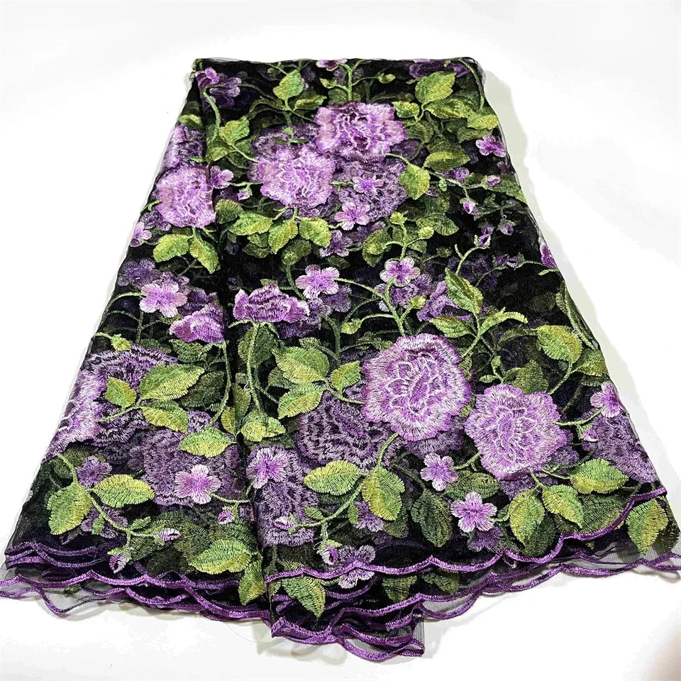 tissu dentelle africain floral brodé noir rouge vert rose violet 120cm 5mètres hautequalité translucide