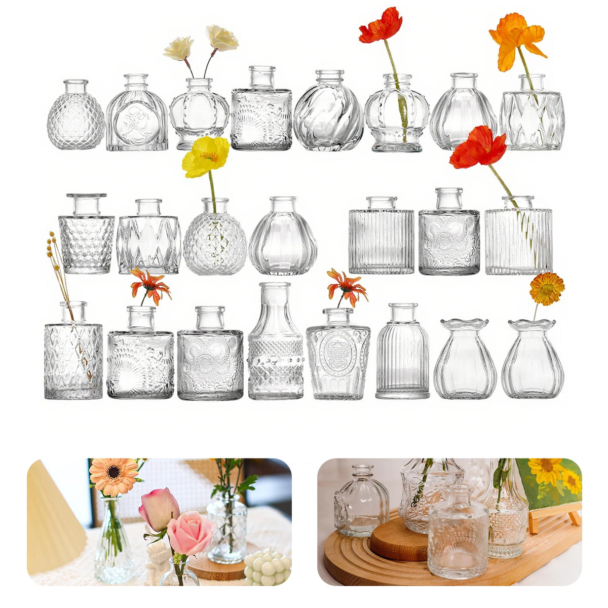 vases verre transparents texturés décoration table mariage fleurs herbes séchées diverse couleur vintage champêtre