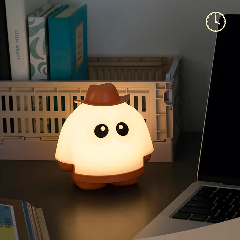 lampe nuit fantôme blanc dessin animé chapeau yeux arrondi mignon table rechargeable led