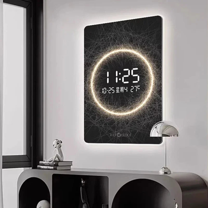 horloge murale moderne affichage numérique abstraite texture bois noir doré salon