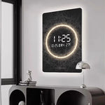 horloge murale moderne affichage numérique abstraite texture bois noir doré salon