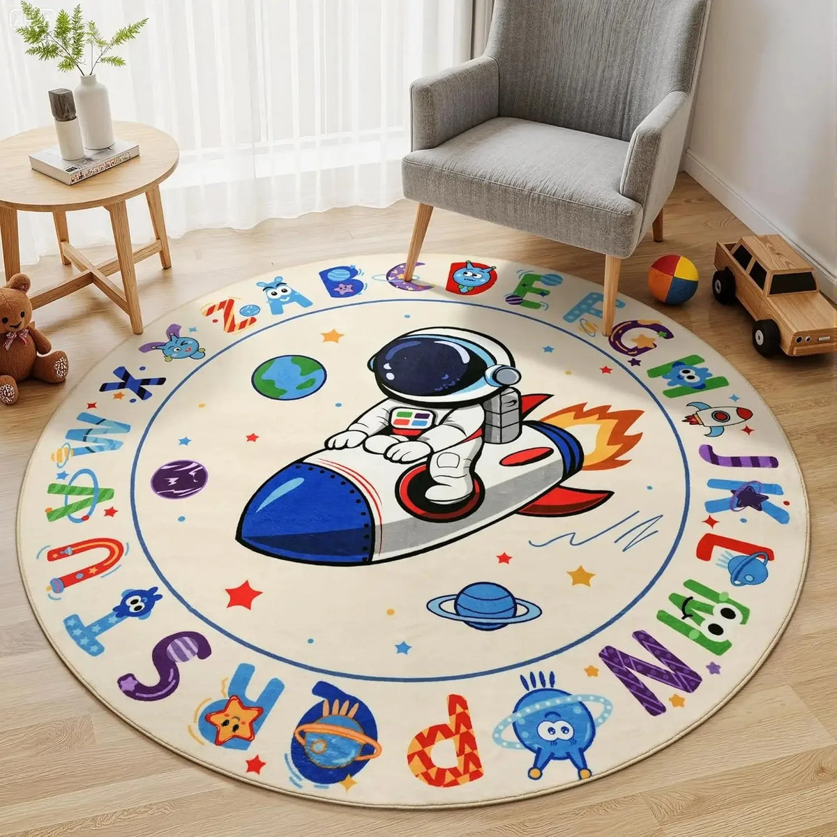 tapis rond moderne alphabet astronautes lettres planètes bébé chambre éducation antidérapant polyester multifonctionnel
