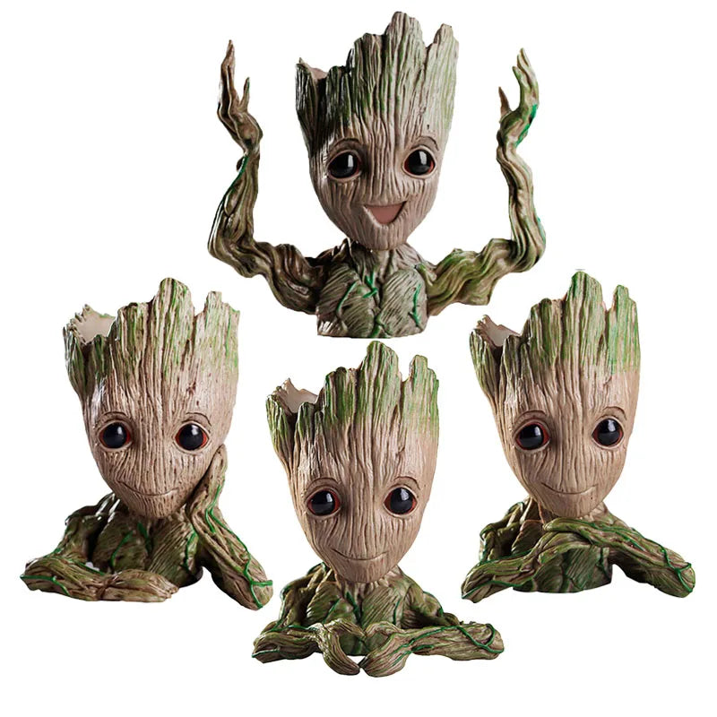 cache pot créatif marron vert texture bois personnage groot fleur intérieur décoration maison artisanat