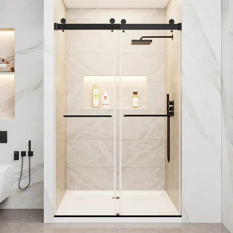 porte douche coulissante double verre transparent moderne rails noirs carreaux marbre