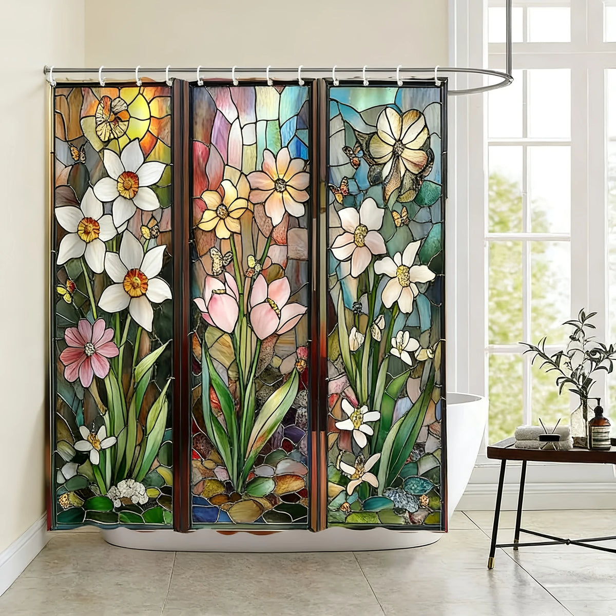 rideau douche floral art deco multicolore crochets papillons opaques 180x120cm