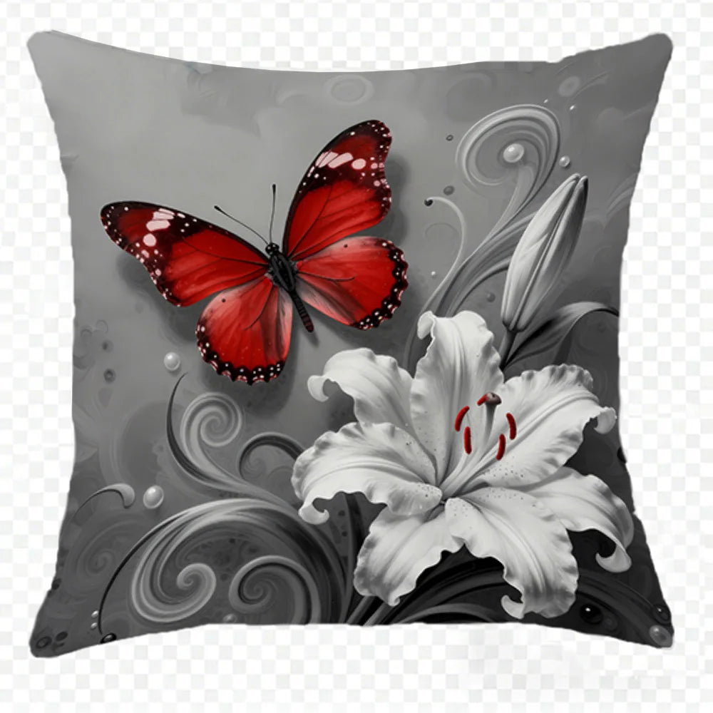 taies d'oreiller imprimées papillons fleurs rouge gris lit maison hospitalière polyester peachskin decoration chambre