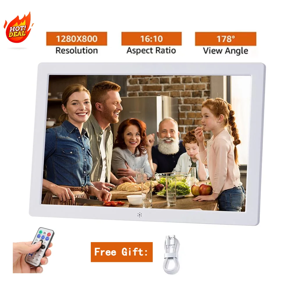Cadre photo numerique blanc moderne famille télécommande lecture video horloge calendrier 1280x800