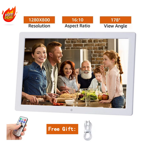 Cadre photo numerique blanc moderne famille télécommande lecture video horloge calendrier 1280x800