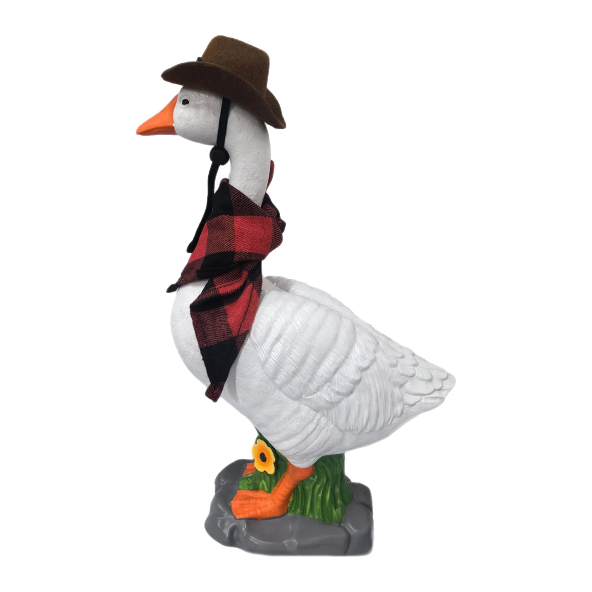 statue oie blanche plumes chapeau cow boy cravate motif floral rustique extérieur